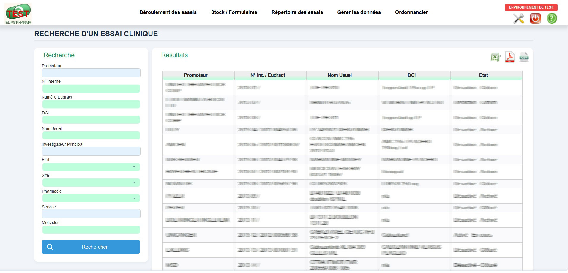 Interface de recherche et d'ajout d'essais cliniques Elips'PHARMA