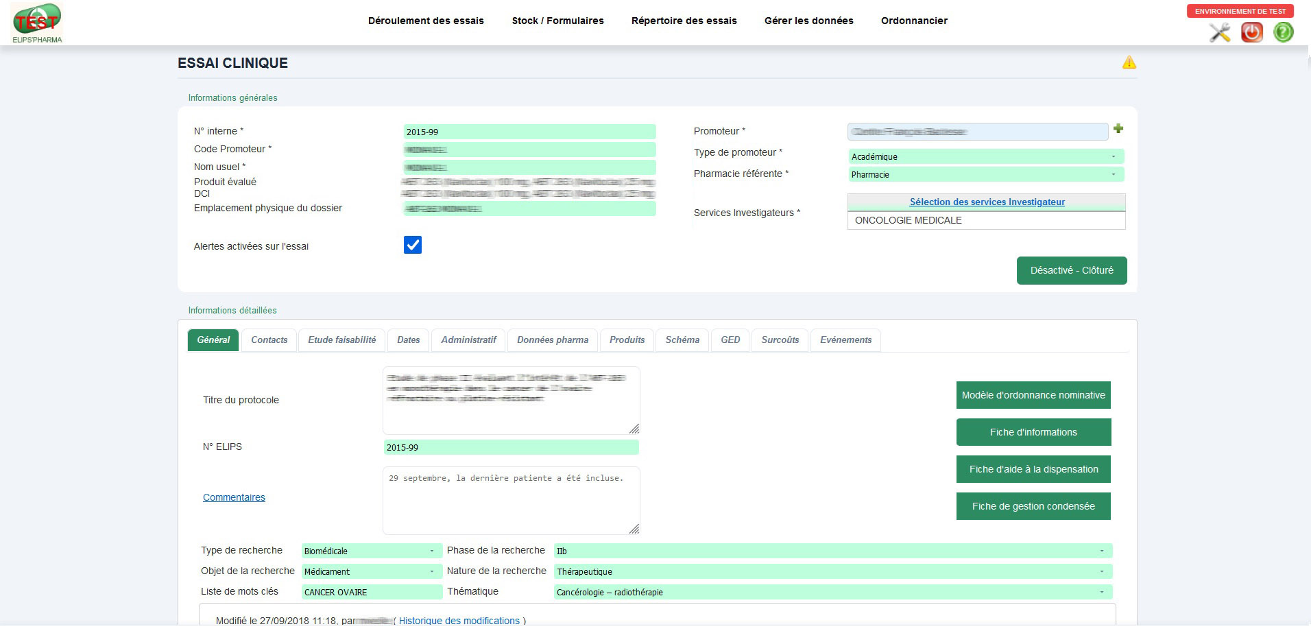 Interface d'édition et de gestion des essais cliniques Elips'PHARMA