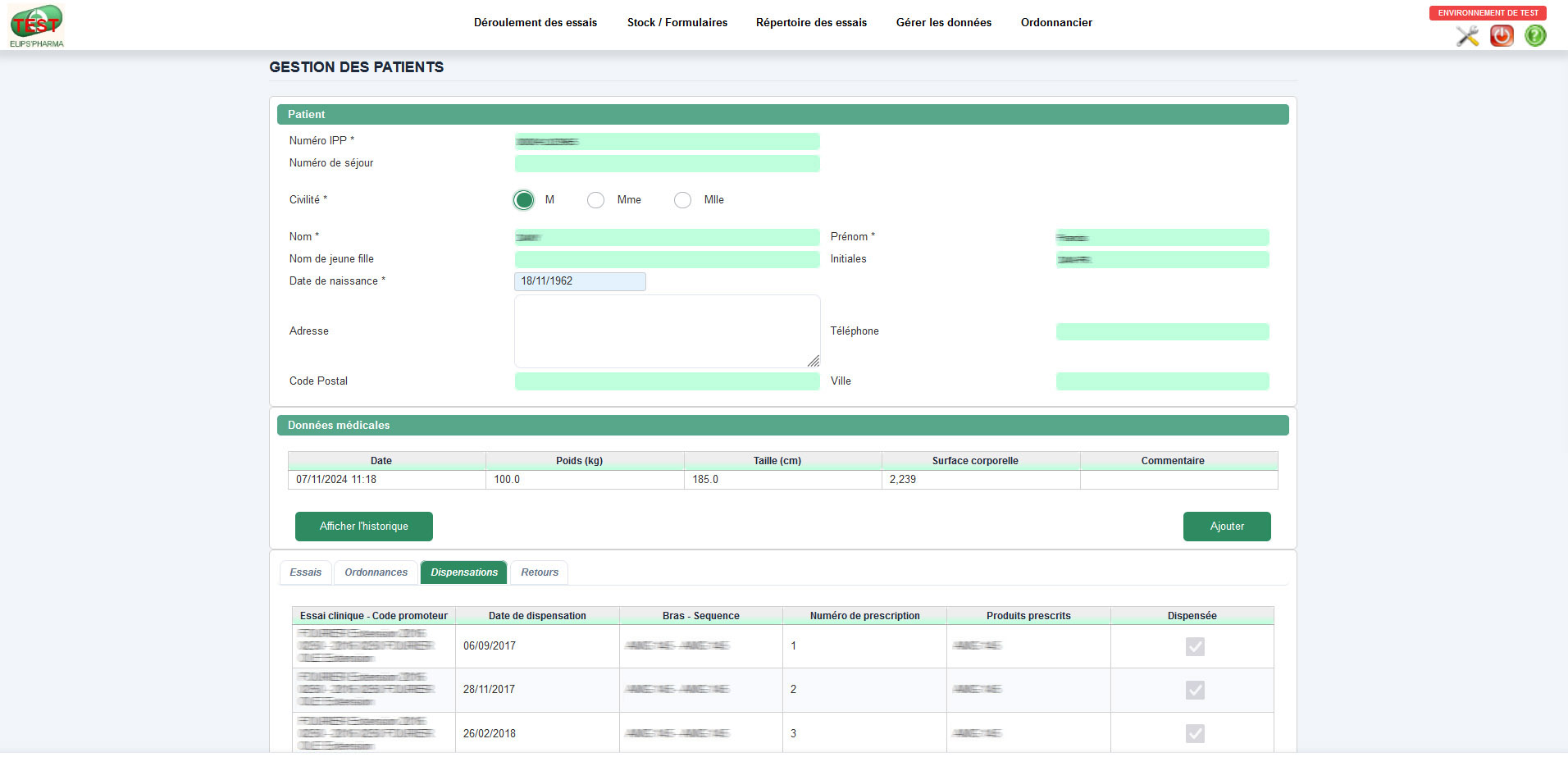 Interface de gestion des patients et de leurs données cliniques Elips'PHARMA